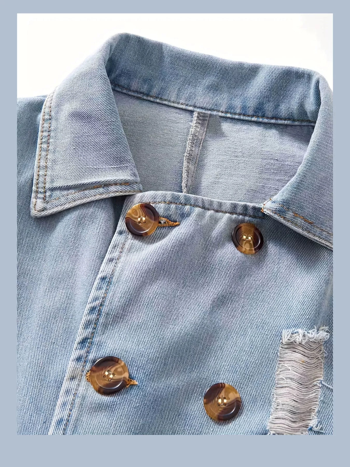 Distressed Double-Breasted Longline Denim Jacket in Light Blue
