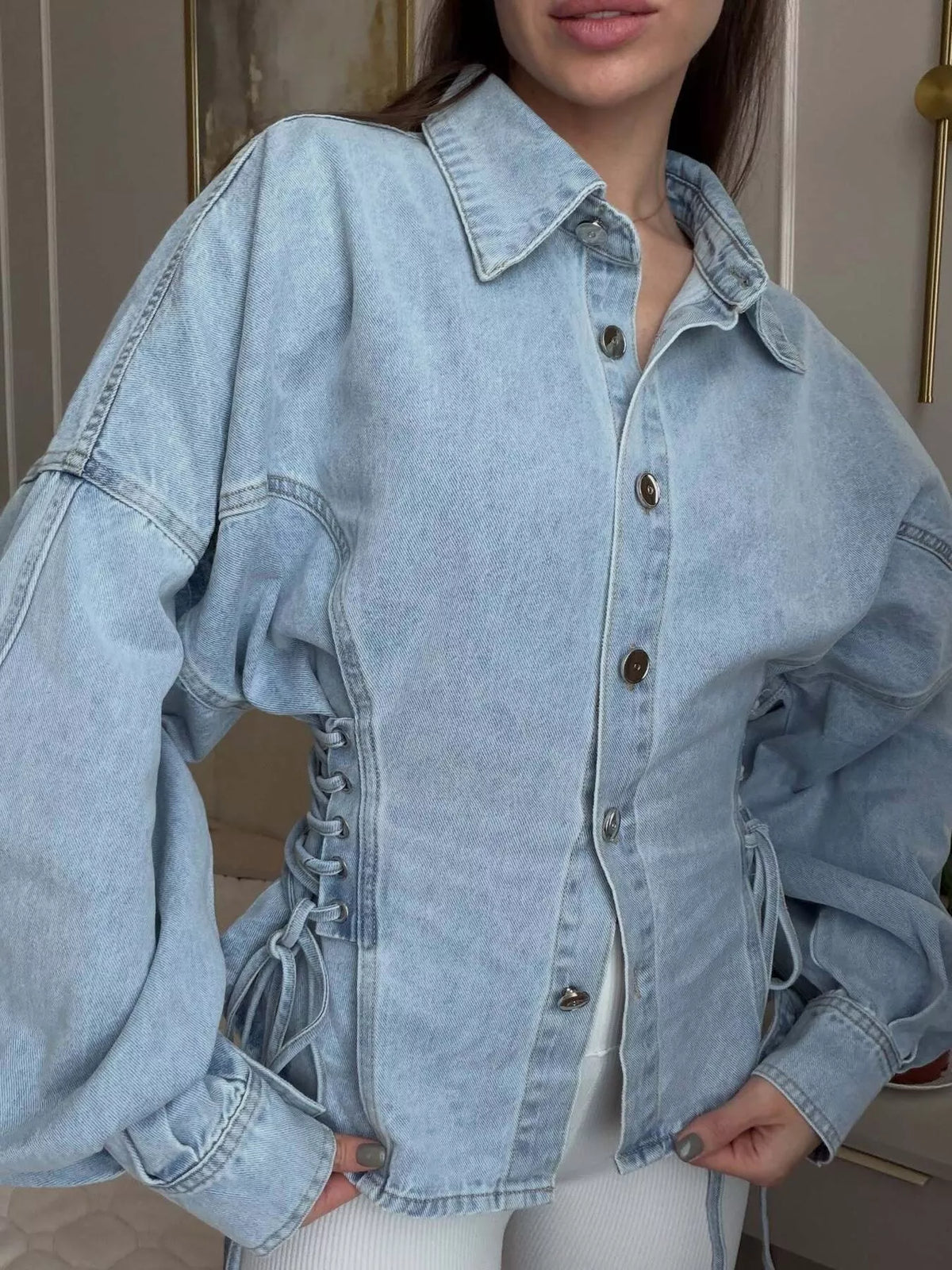 Lace-Up Side Denim Jacket in Light Blue