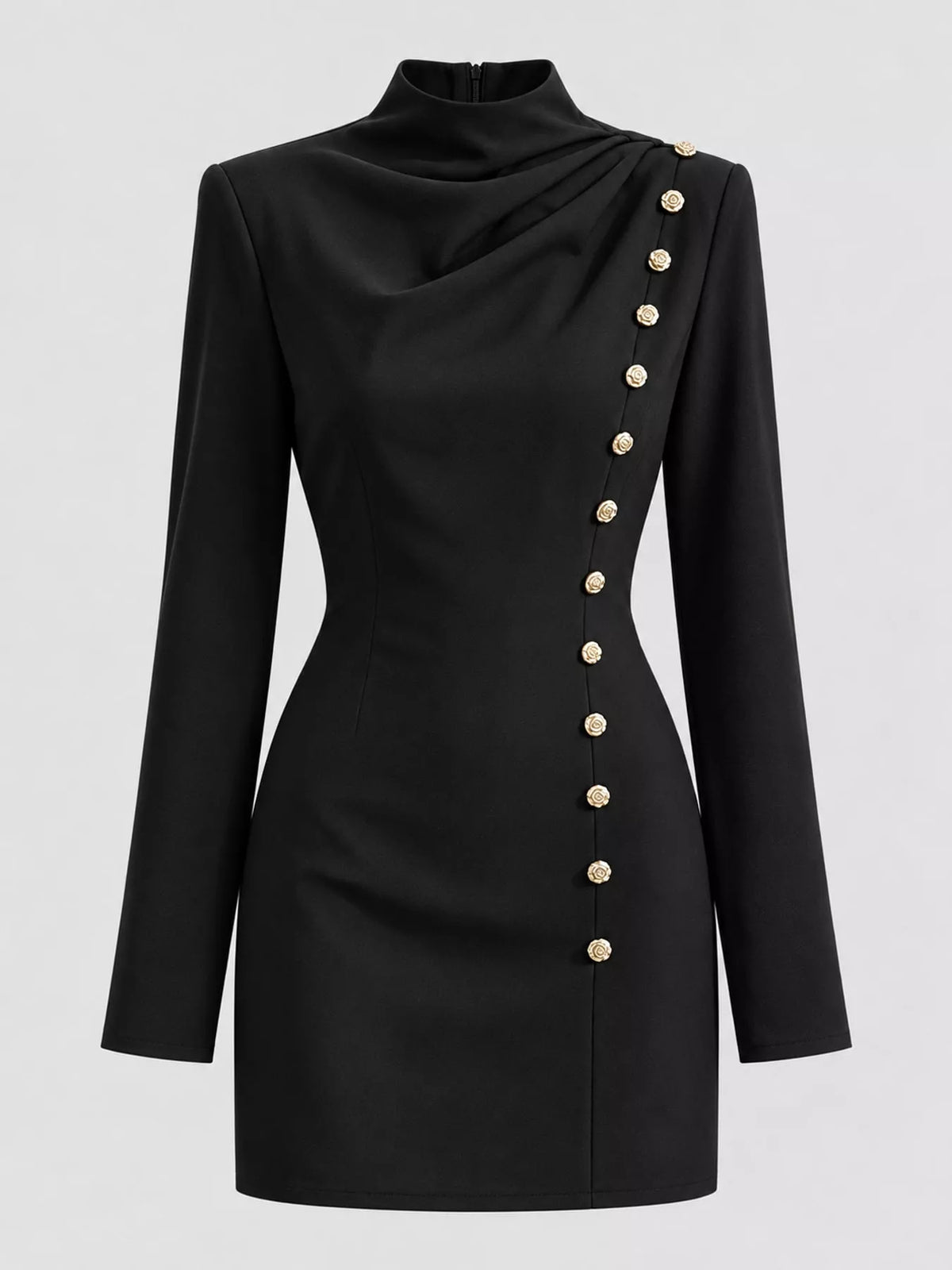 Decorative Button Mock Neck Mini Dress