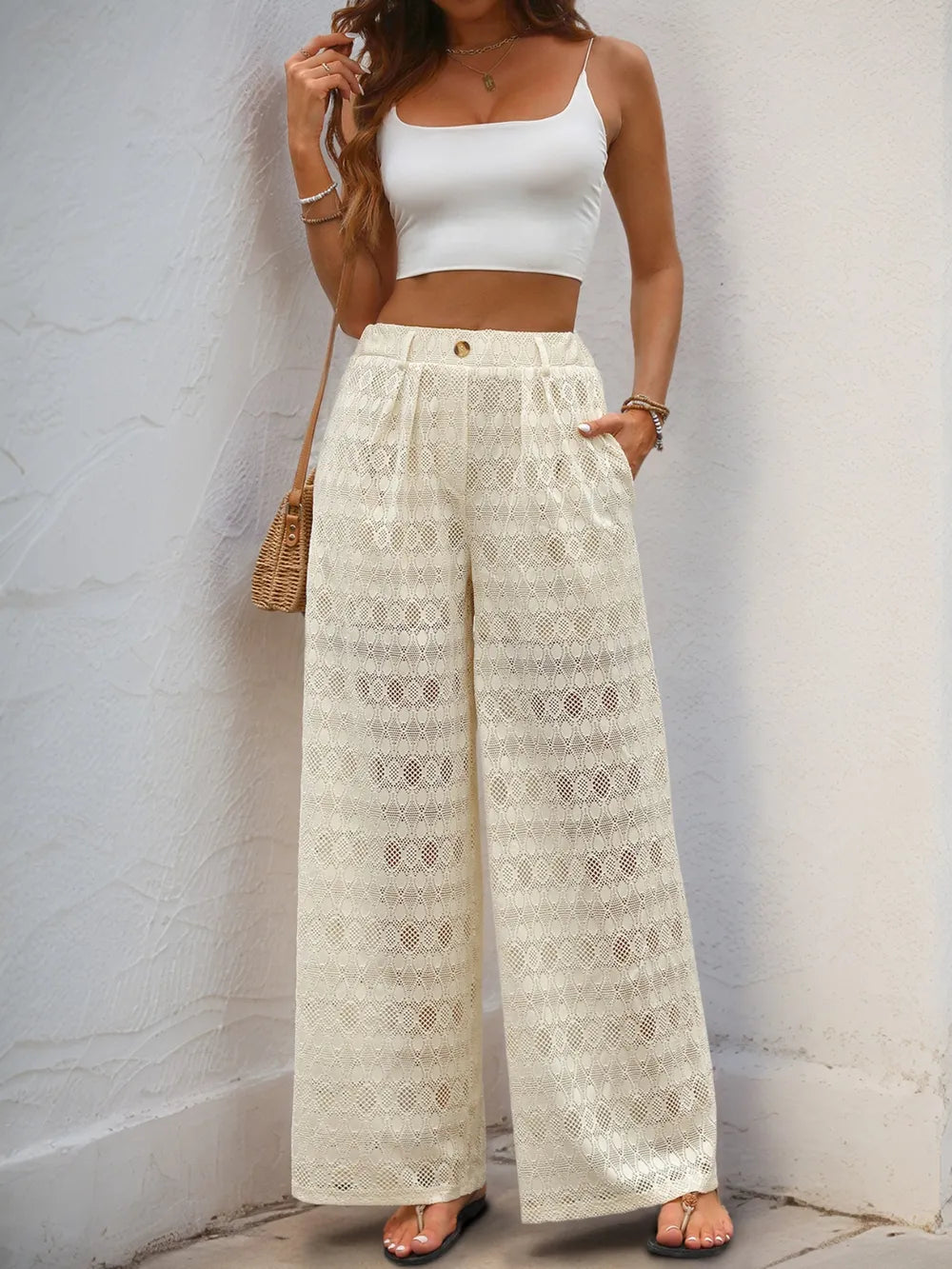 Decorative Button Wide Leg Pants in Cream