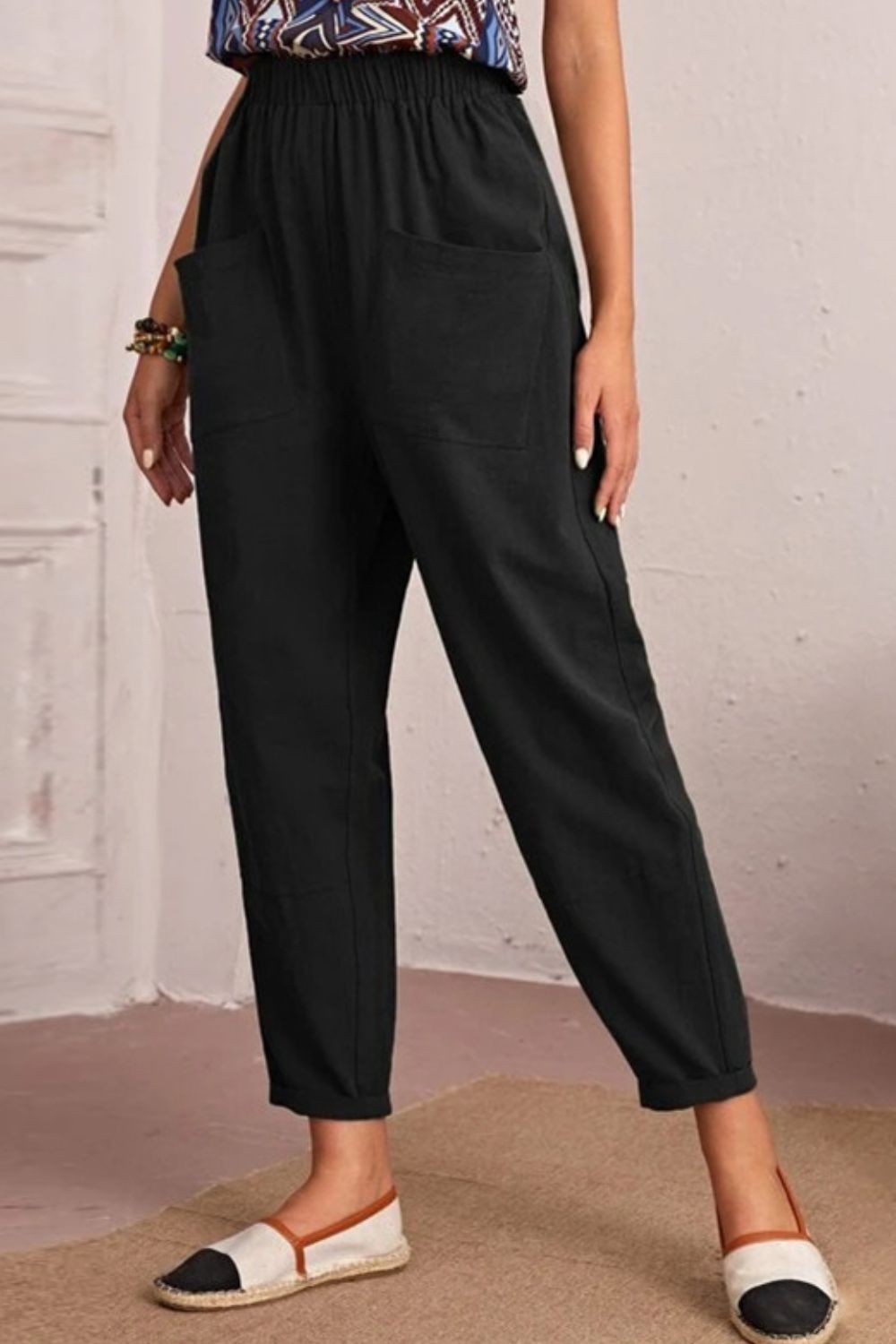 Elastic Waist Tapered Pants with Pockets