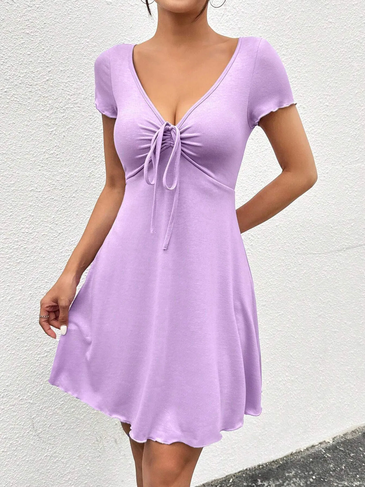 Ruched Drawstring Mini Dress in Taro Purple