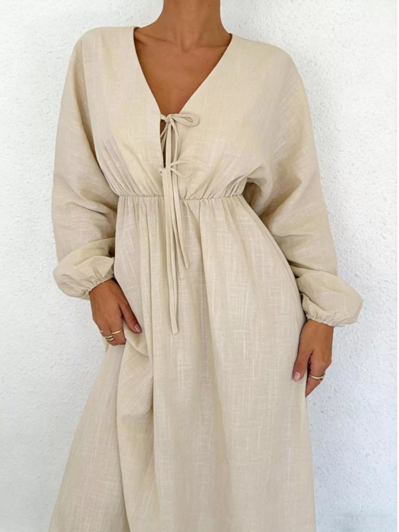 Tie-Front Balloon Sleeve Maxi Dress in Beige