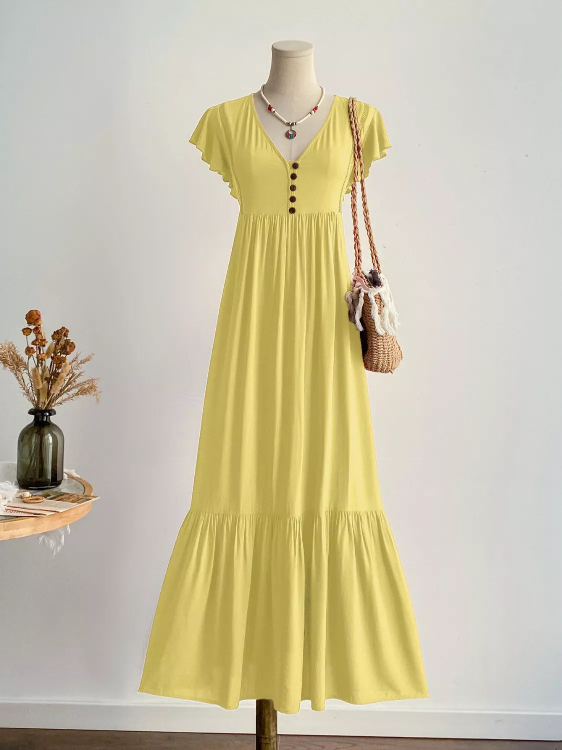 Flutter Sleeve Button-Front Maxi Dress in Yellow