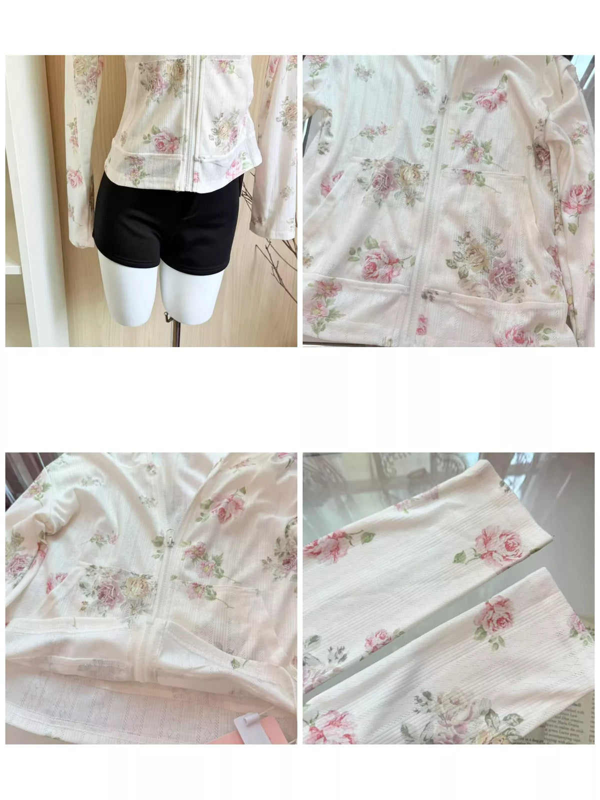 Vintage Floral Zip-Up Hoodie in White