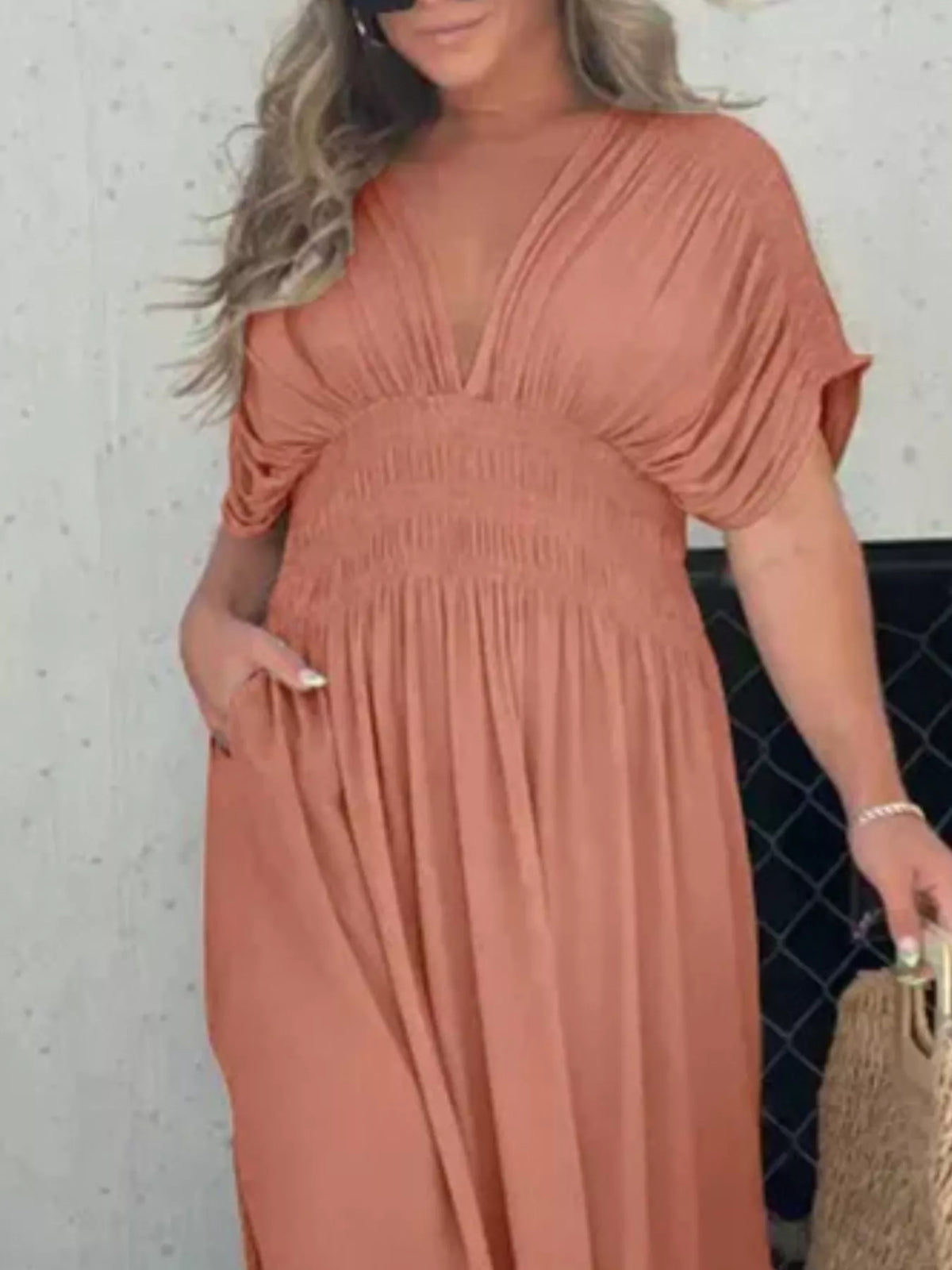 Smocked Waist V-Neck Slit Maxi Dress