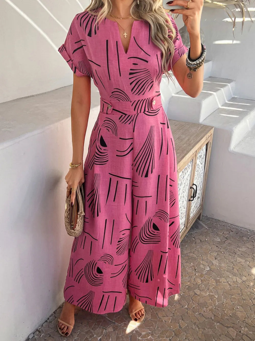 Printed Notched Wide-Leg Jumpsuit