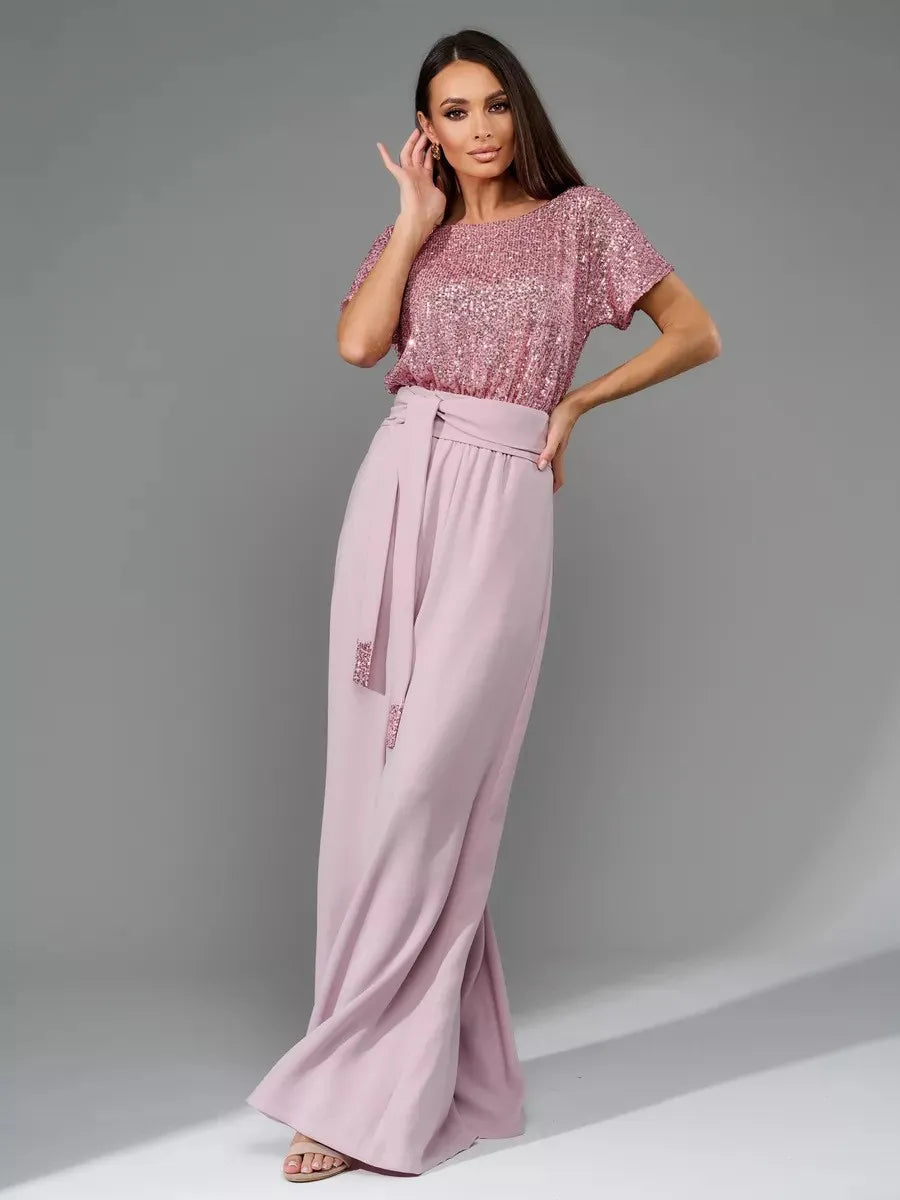 Sequin Round Neck Short Sleeve Jumpsuit, Plus Size