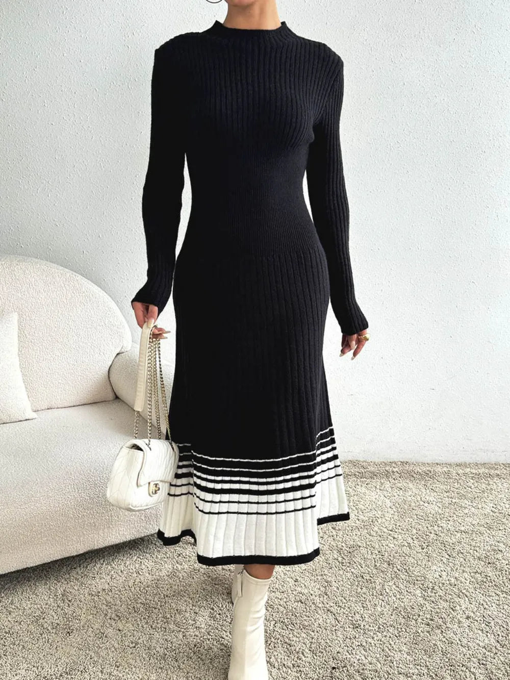 Mock Neck Sweater Dress in Black