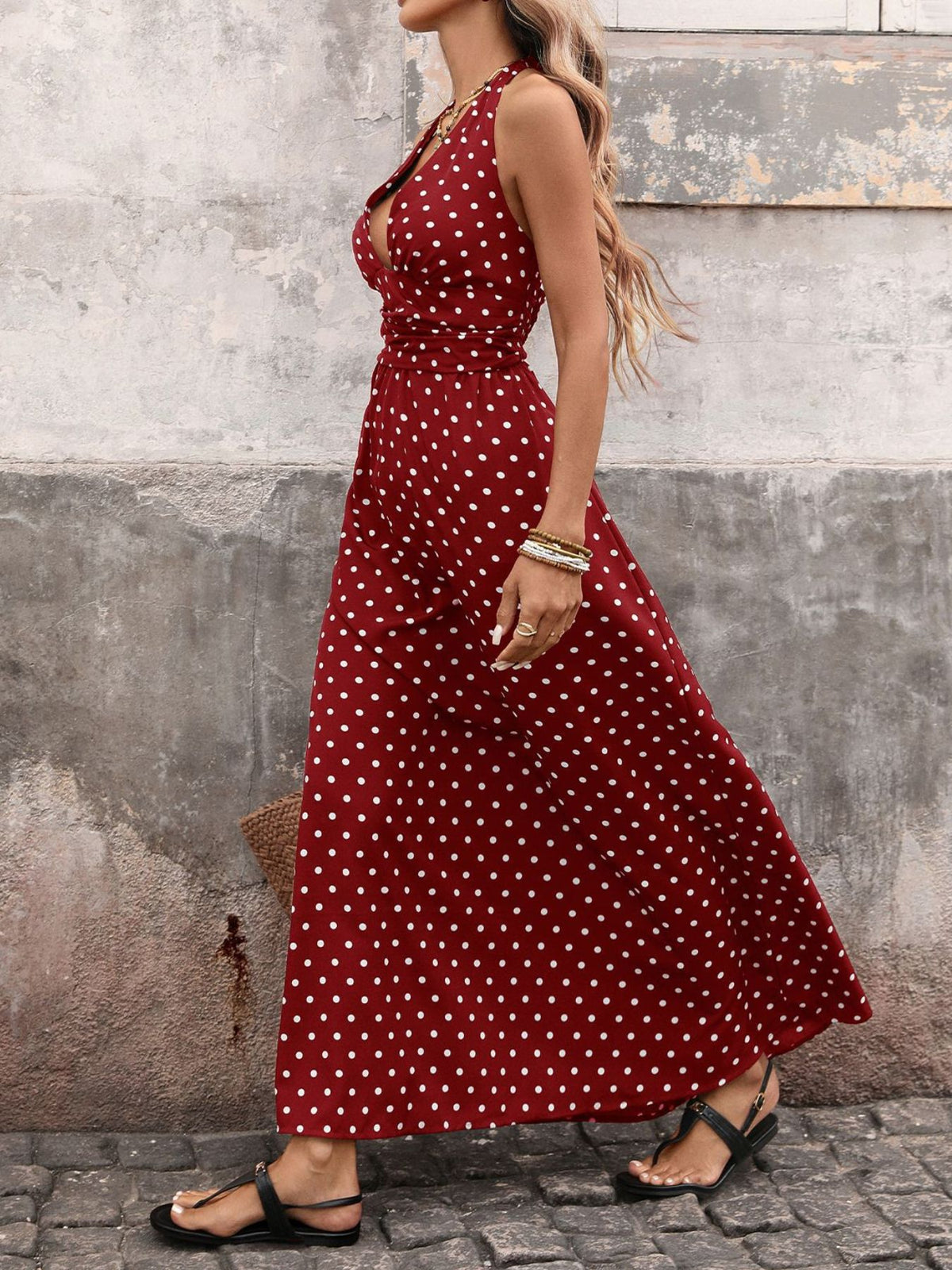 Polka Dot Tie Halter Neck Maxi Dress