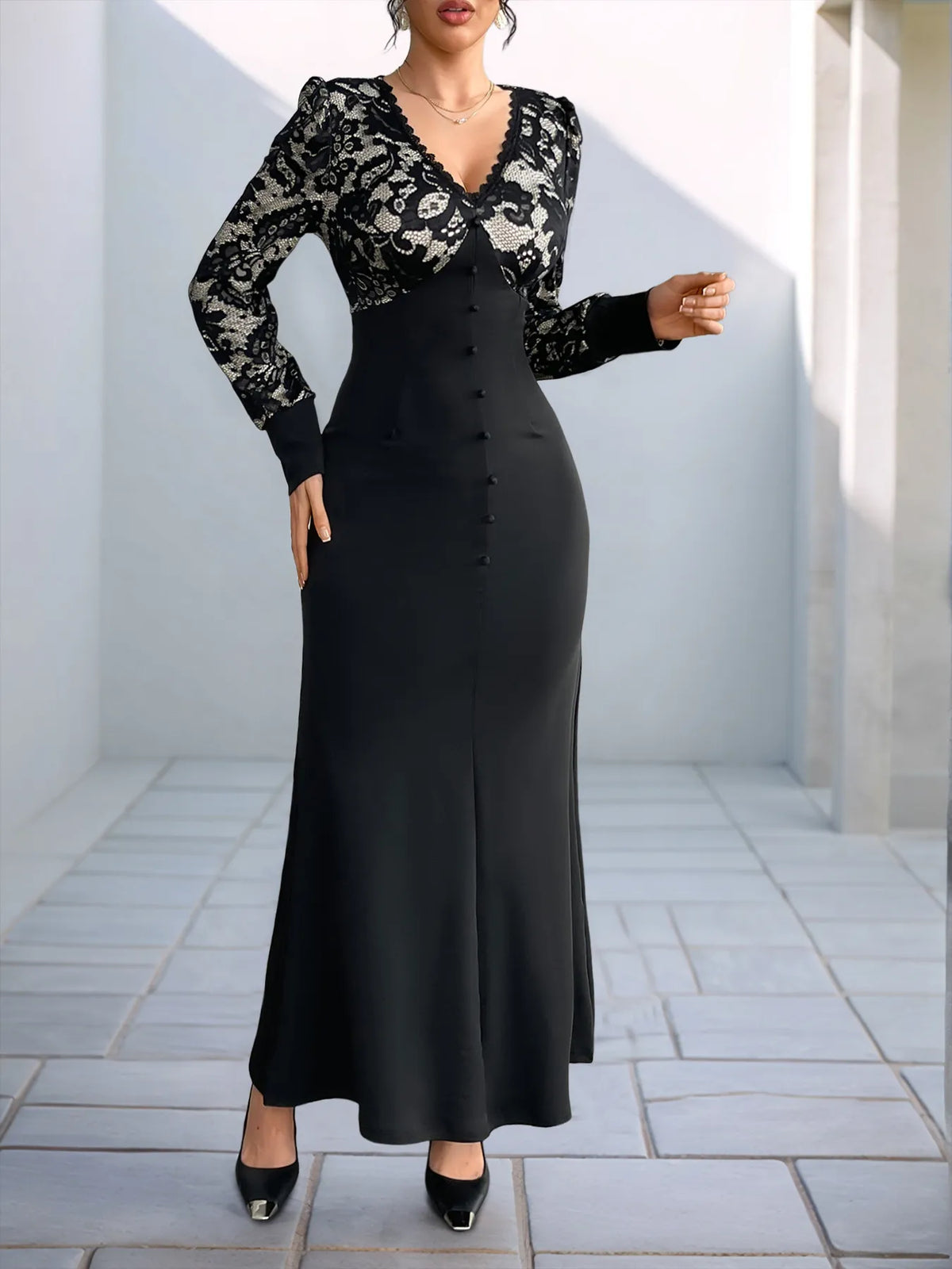 Lace V-Neck Long Sleeve Maxi Dress in Black