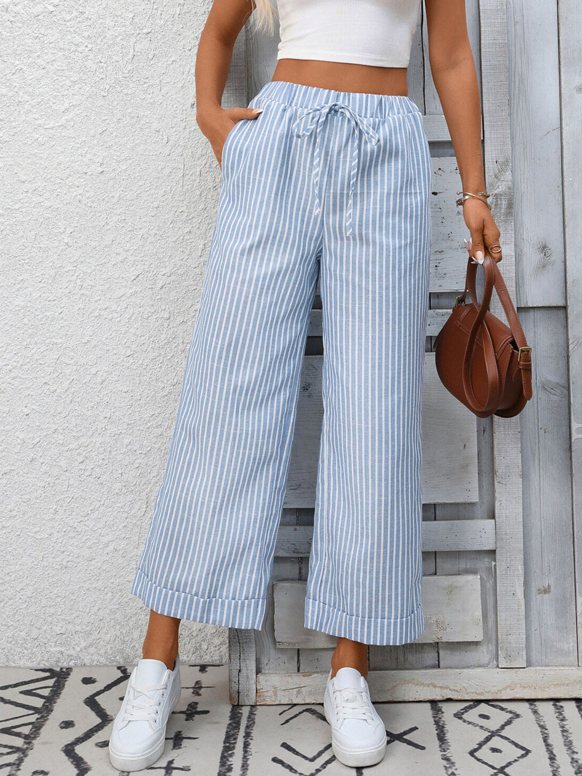 Striped Wide Leg Drawstring Pants