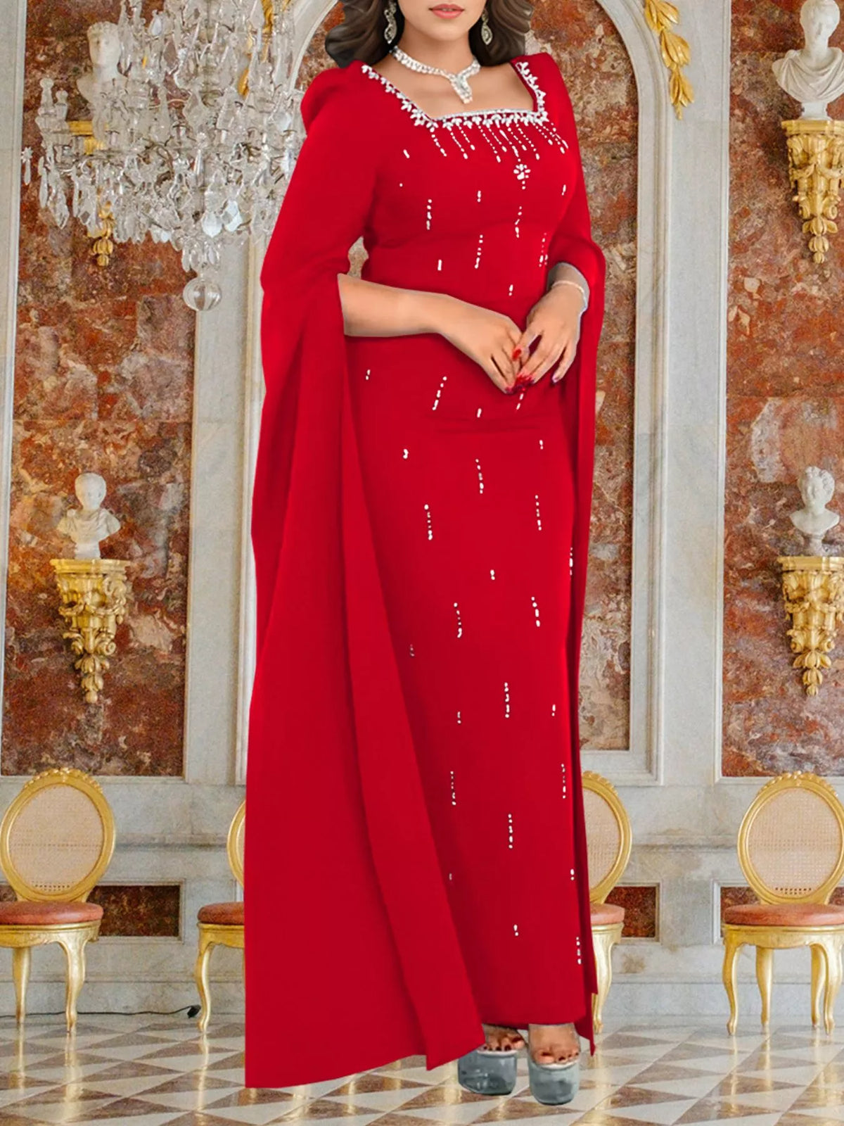 Rhinestone Square Neck Maxi Dress