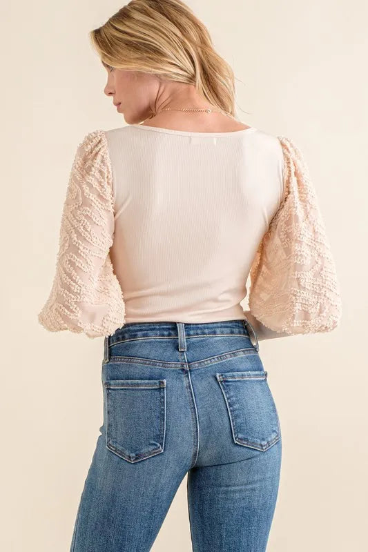 And The Why Textured Puff Sleeve Bodysuit in Beige
