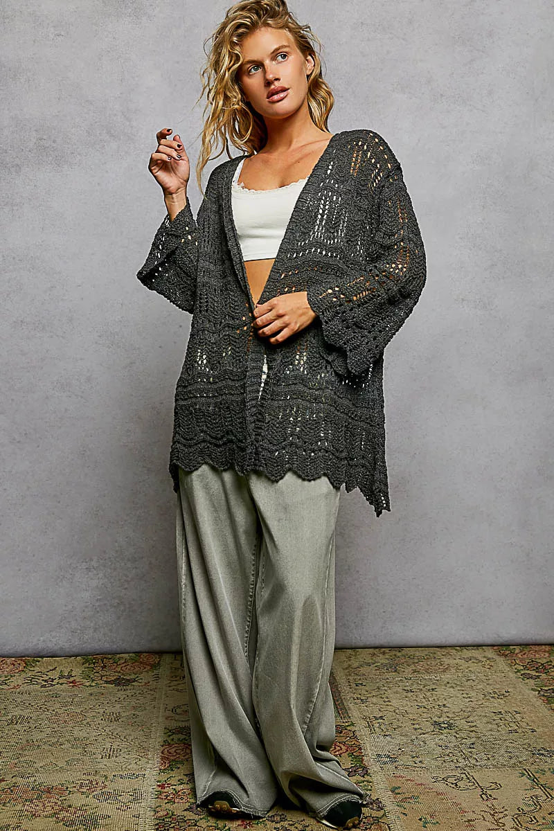 Charcoal Openwork Scalloped Edge Cardigan by POL