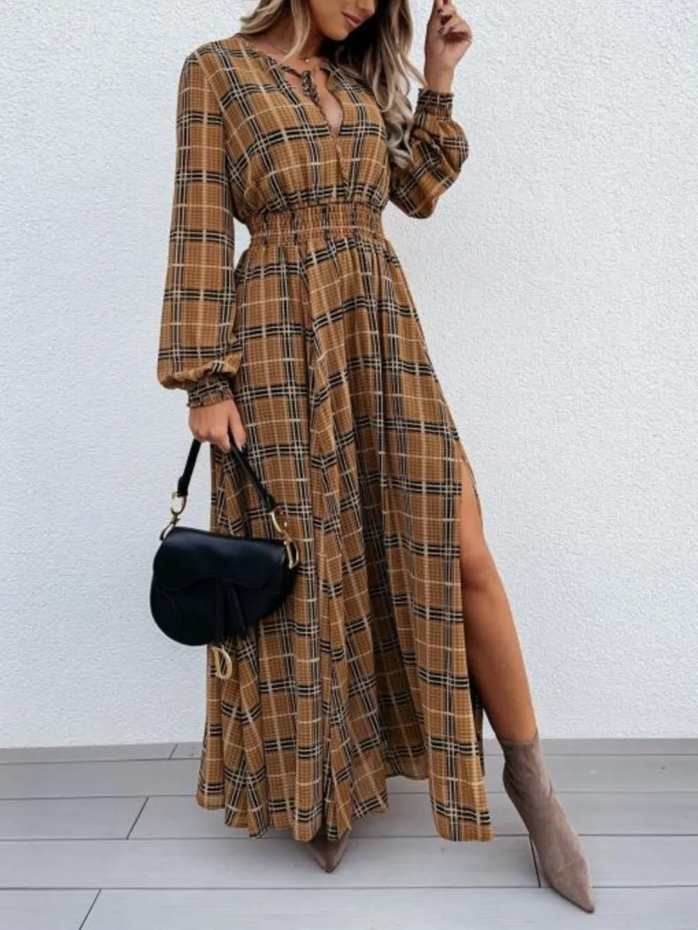 Plaid Tie Neck Slit Maxi Dress in Camel