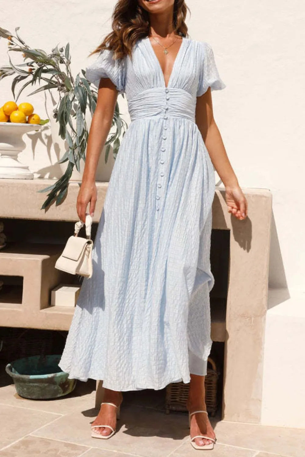 Smocked Puff-Sleeve V-Neck Midi Dress