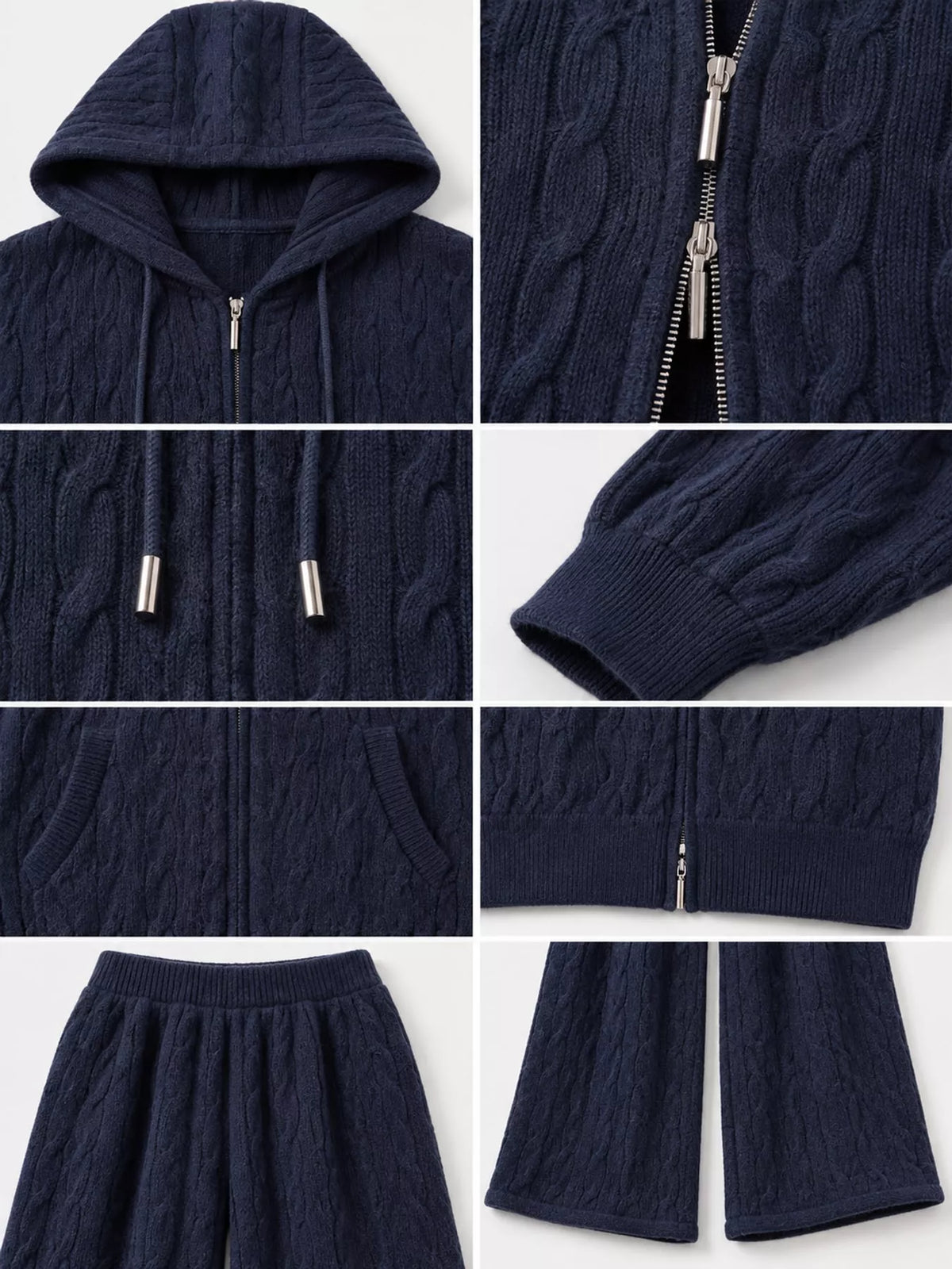Cable Knit Zip-Up Hooded Cardigan and Wide-Leg Pants Set