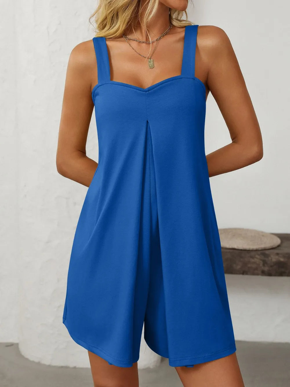 Sweetheart Neck Wide Strap Romper with Pockets