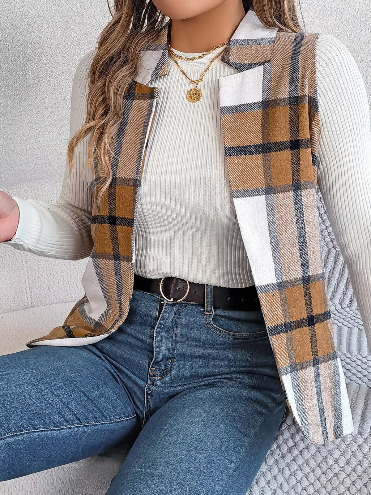 Plaid Open-Front Vest by Clise