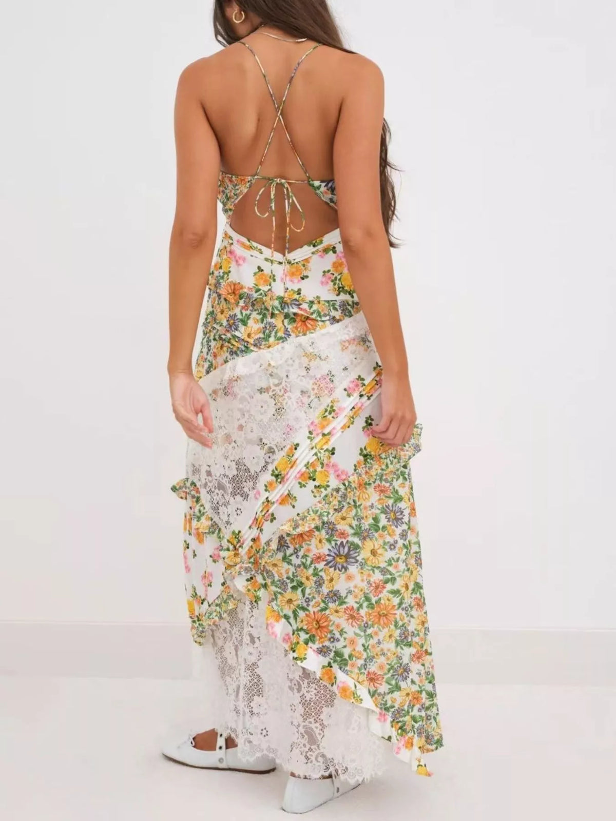 Lace Floral Ruffle Trim Maxi Dress