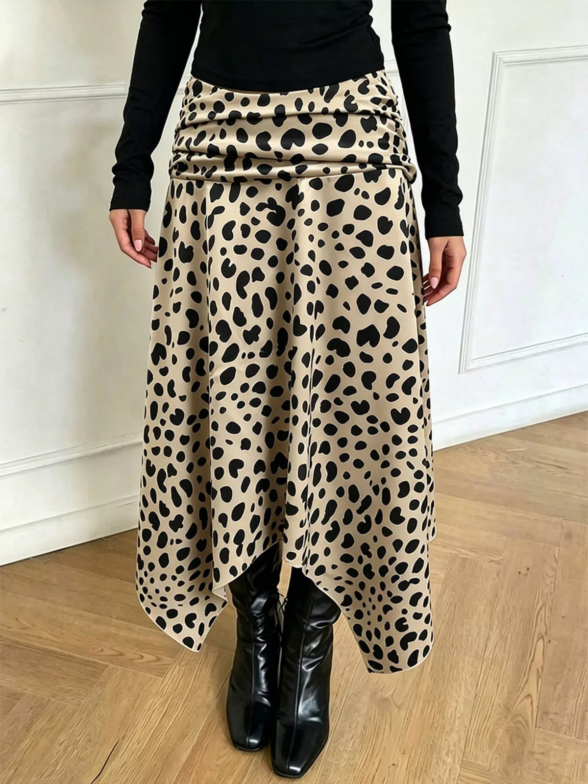 Leopard Print Asymmetrical Hem Midi Skirt in Khaki