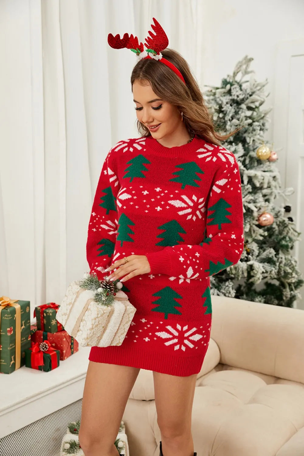 Christmas Tree Round Neck Sweater Dress in Orange-Red