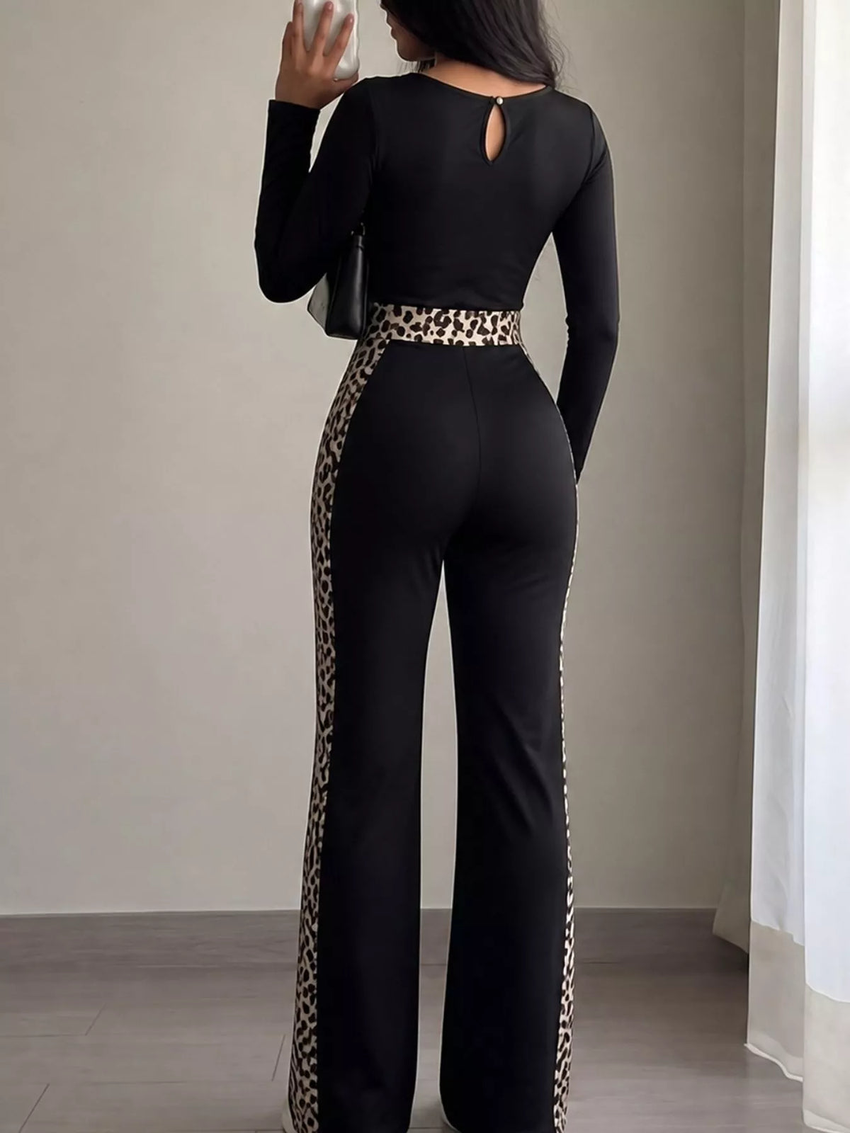 Leopard Trim Long Sleeve Jumpsuit in Black