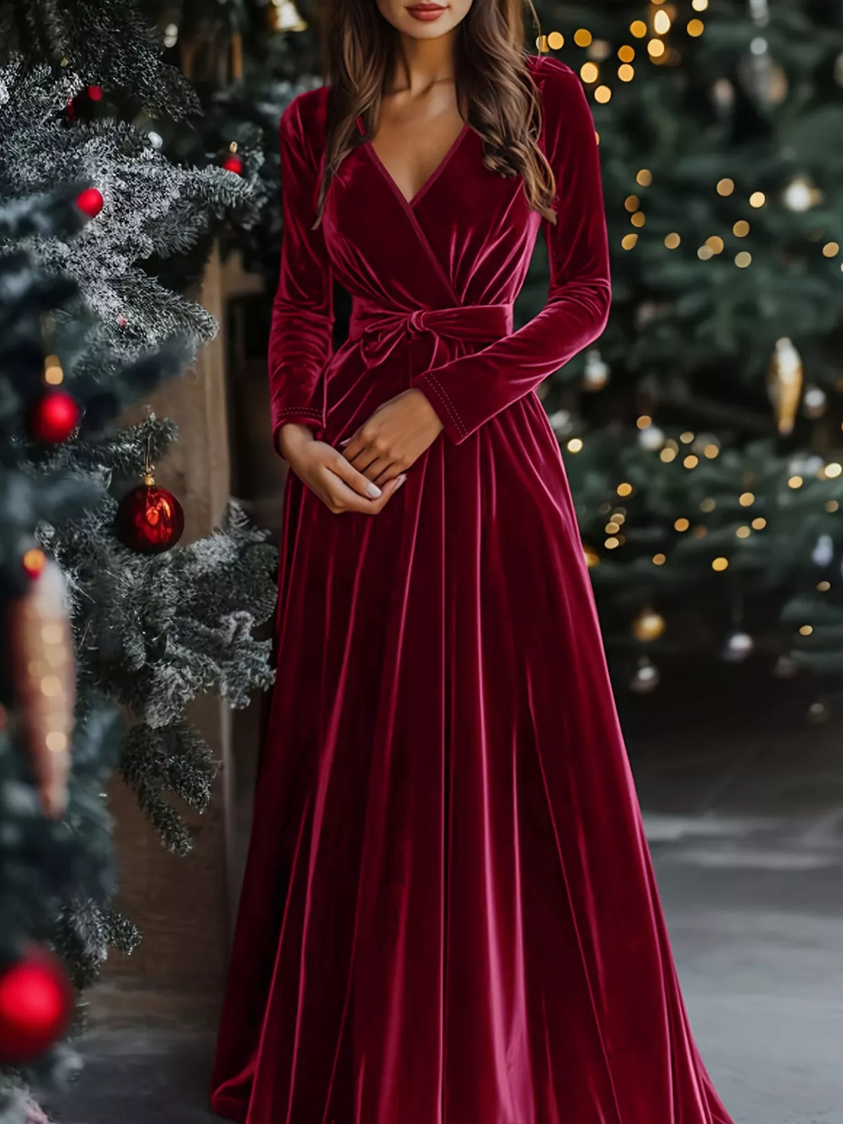 Velvet Wrap Surplice Maxi Dress in Burgundy
