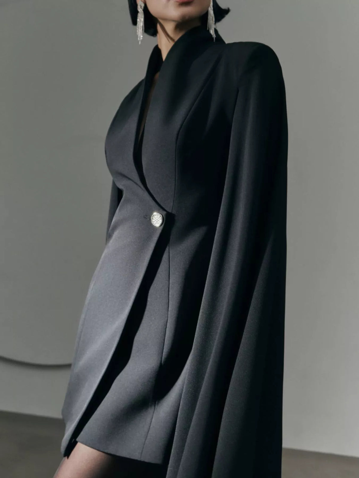 Fitted Blazer Dress with Cape Sleeves in Black