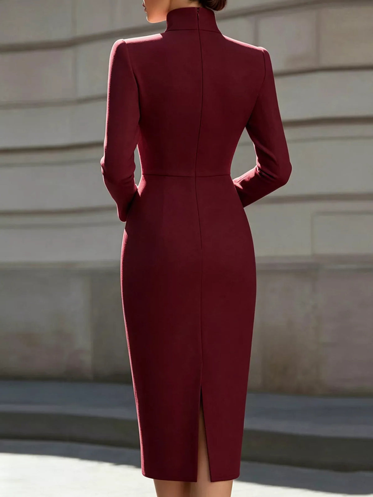 High Neck Long Sleeve Slit Dress