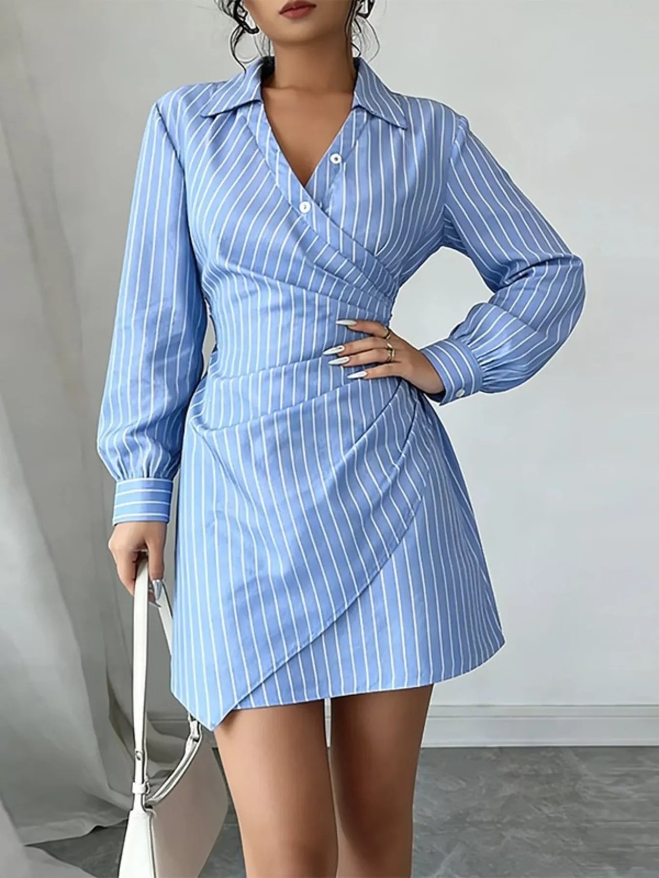 Striped Long Sleeve Shirt Dress in Blue