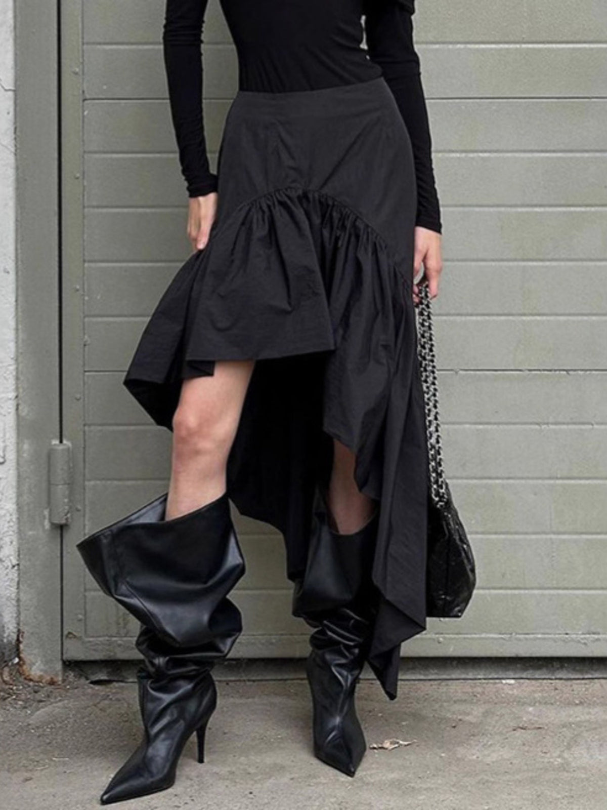 Asymmetrical Ruffle Hem Midi Skirt in Black