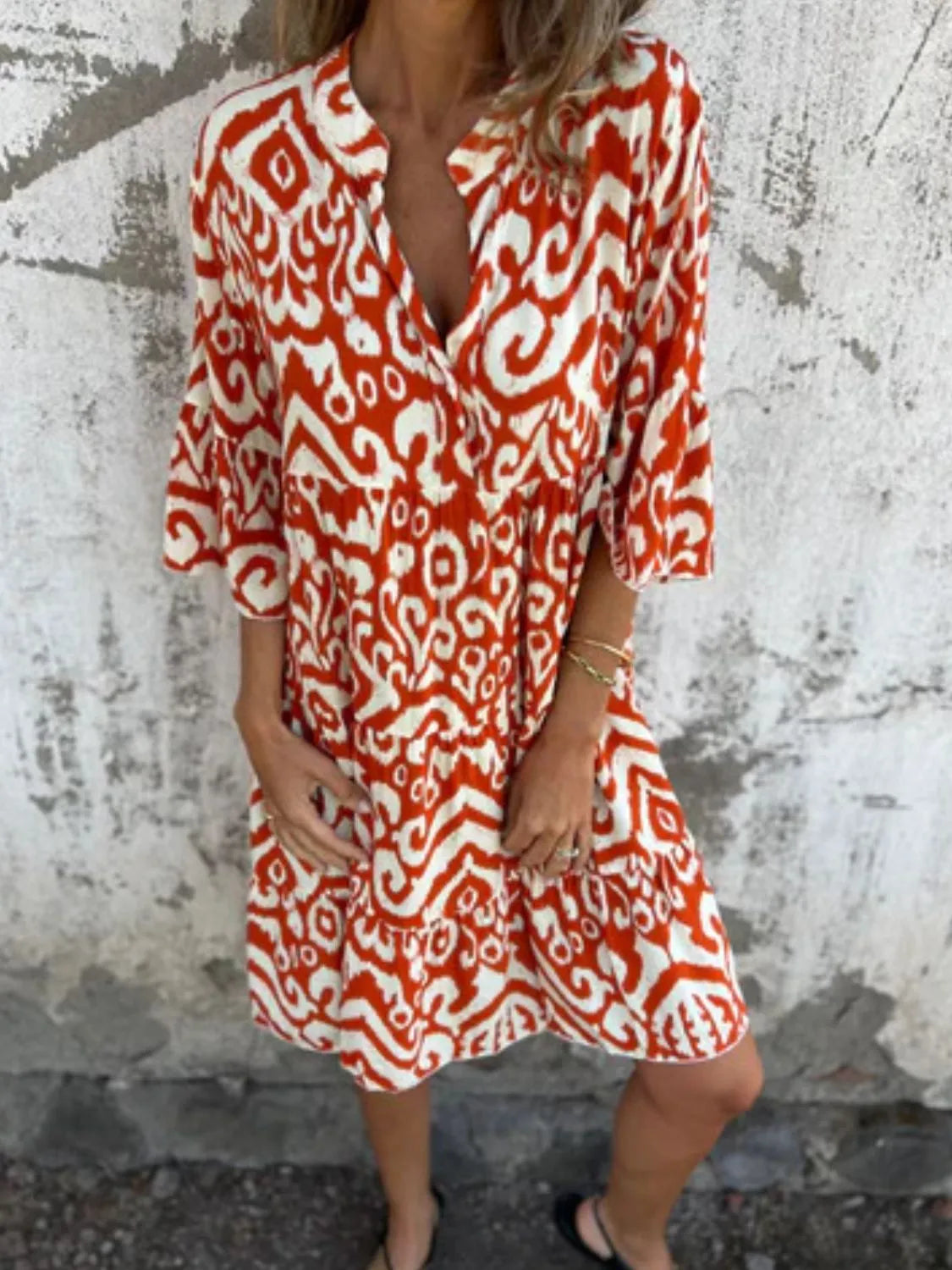 Notched Half Sleeve Printed Plus Size Dress