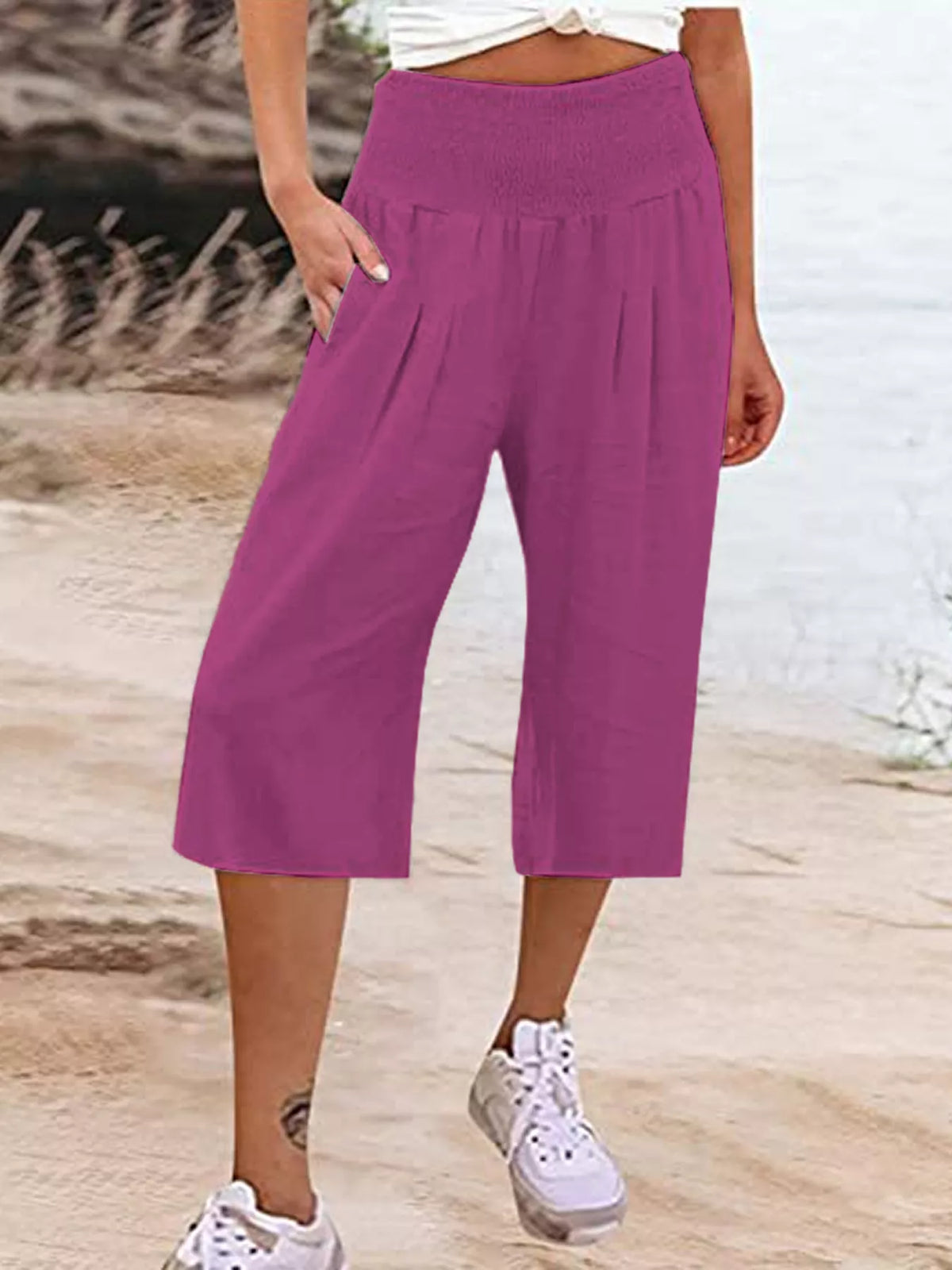 Smocked Wide-Leg Capri Pants