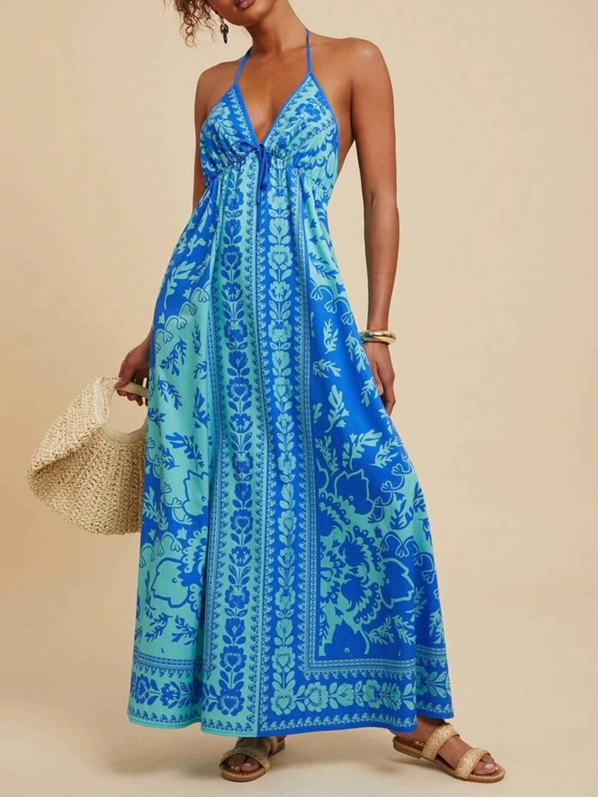 Bohemian Floral Halter Maxi Dress in Blue