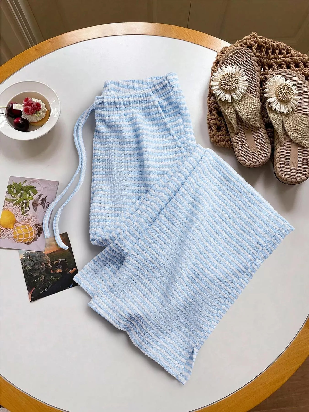 Wide Leg Drawstring Pants with Side Slit