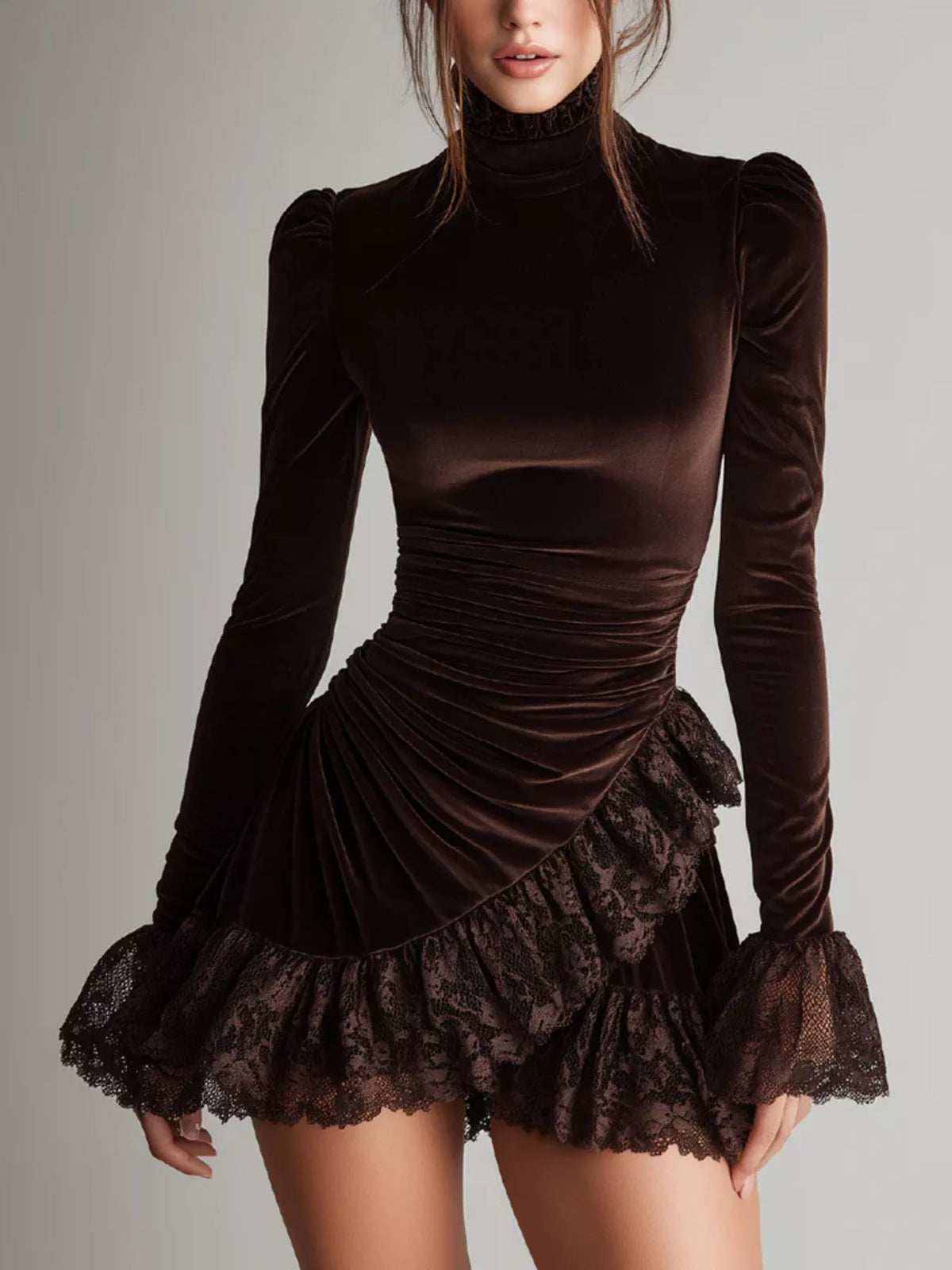 Velvet Mock Neck Mini Dress with Lace Ruffle Trim in Brown