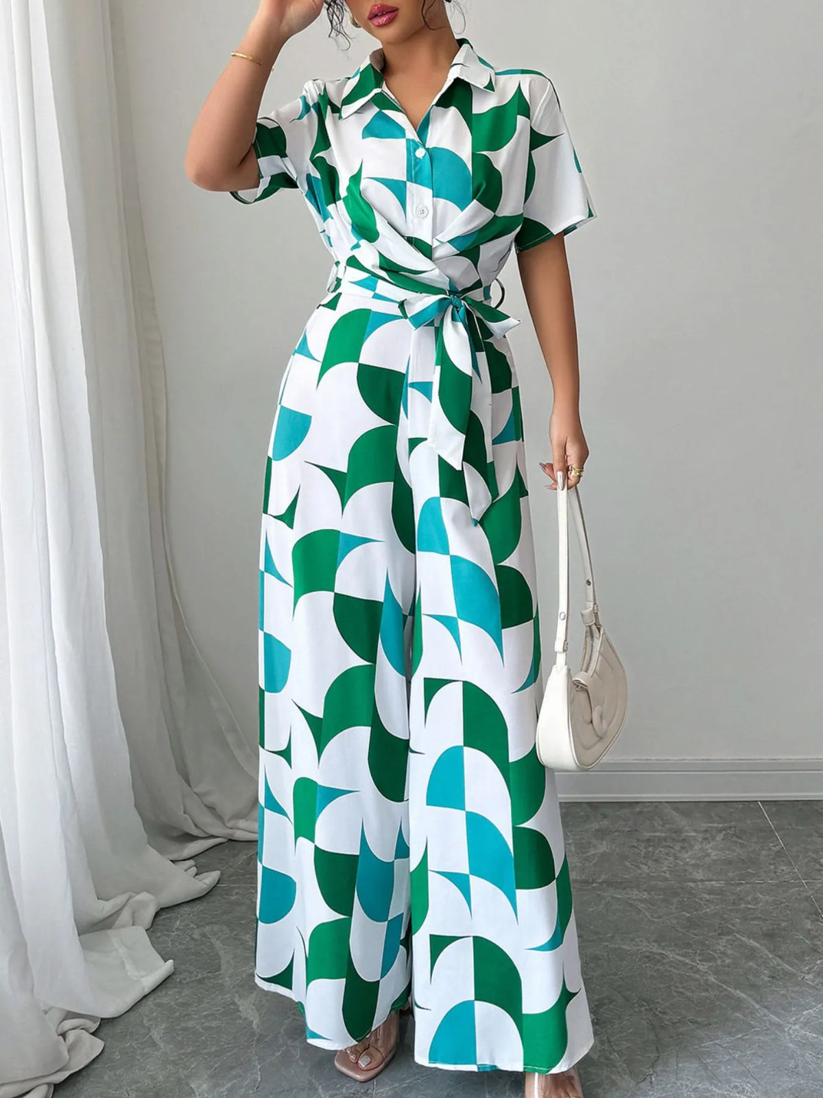 Printed Wide-Leg Belted Jumpsuit in Turquoise