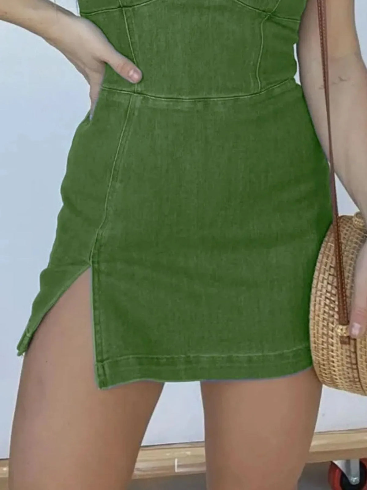 Square Neck Slit Denim Dress