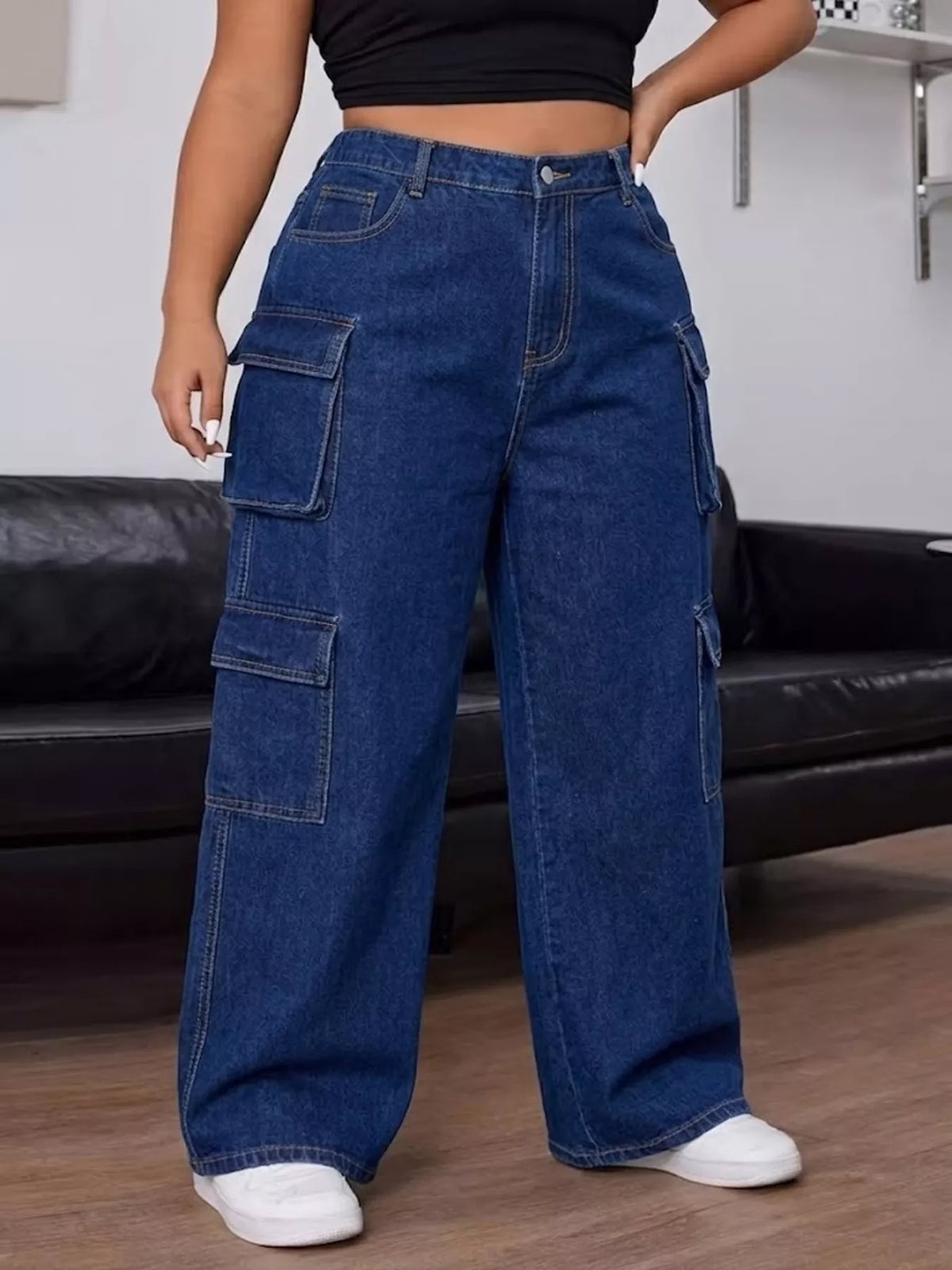 Plus Size High-Waisted Wide-Leg Cargo Jeans