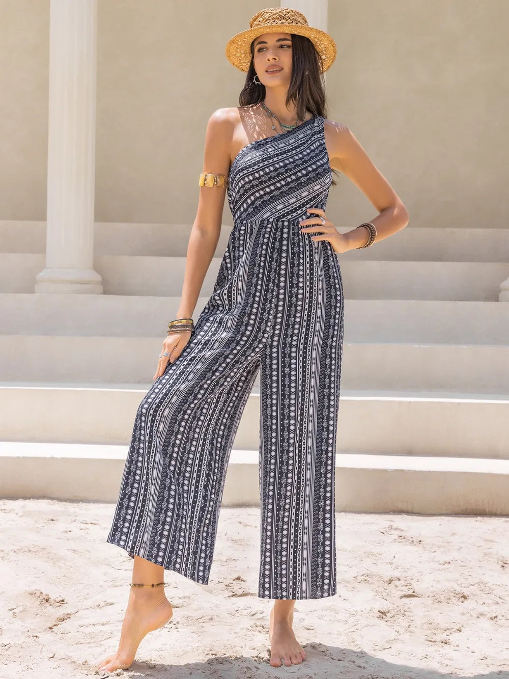 Printed Single-Shoulder Sleeveless Jumpsuit