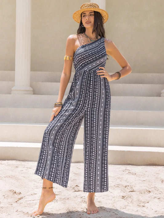 Printed Single-Shoulder Sleeveless Jumpsuit