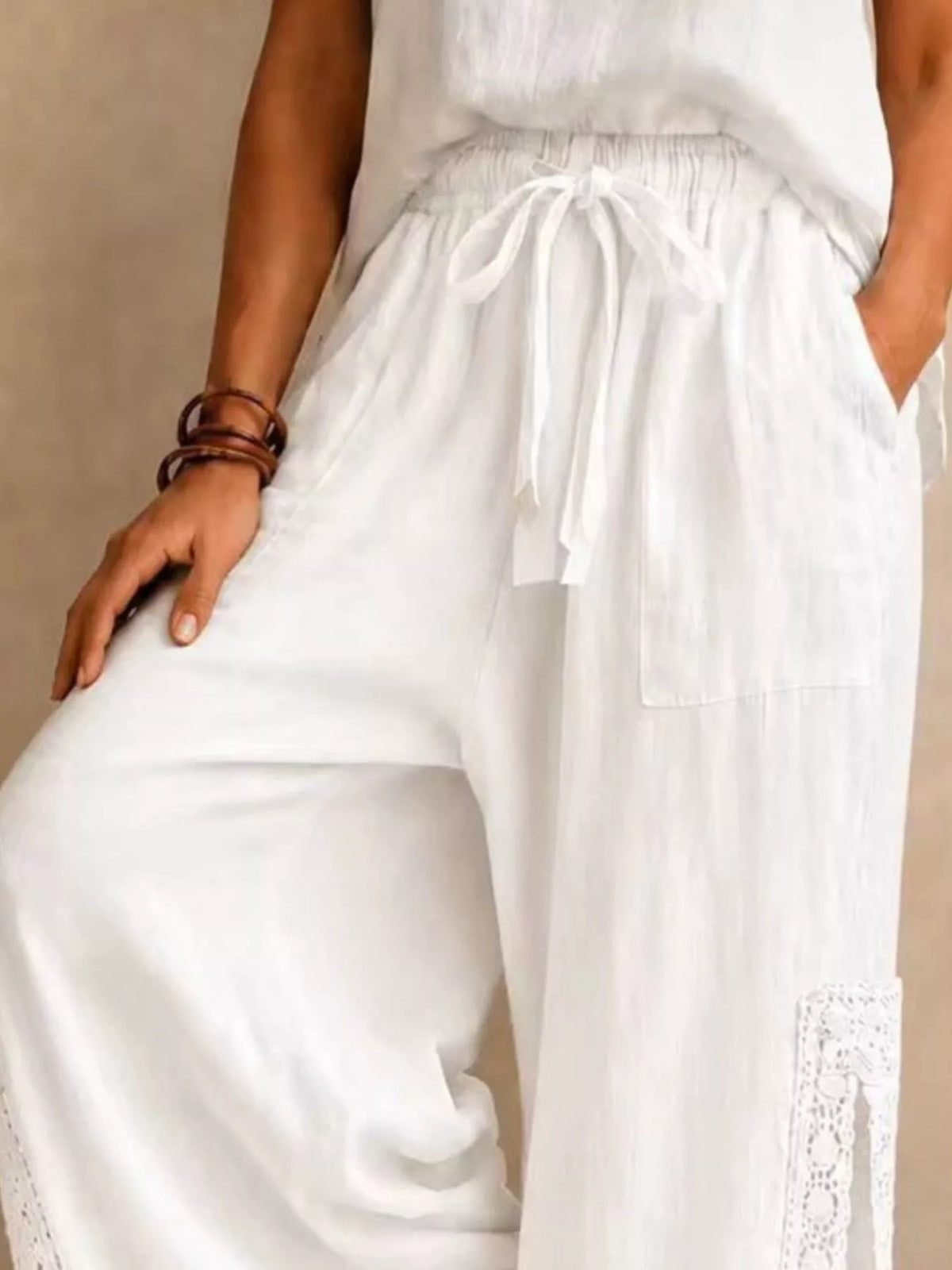Lace-Detail Slit Wide Leg Pants