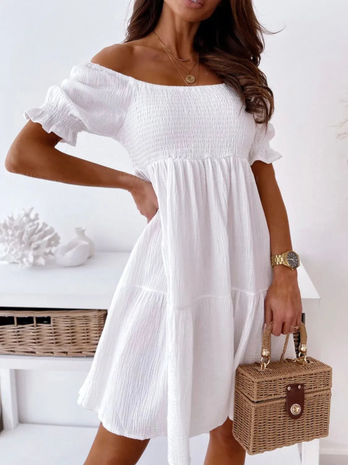Smocked Off-Shoulder Mini Dress