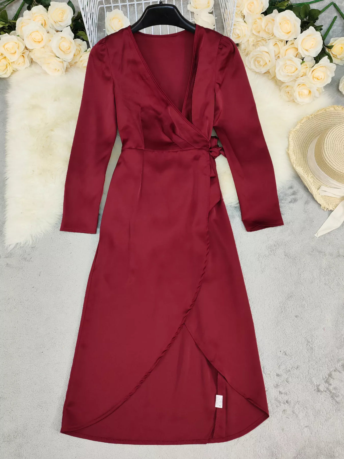 Surplice Satin Dress in Red
