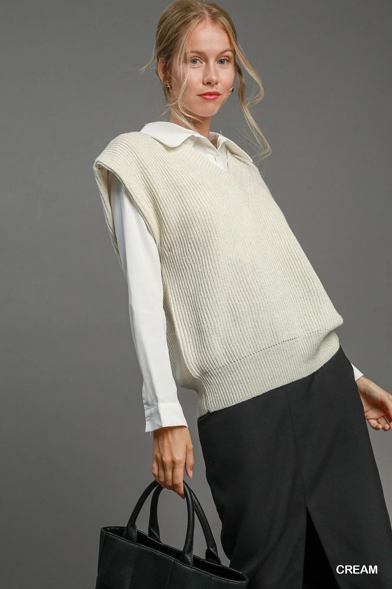 Umgee Oversized V-Neck Sweater Vest in Cream