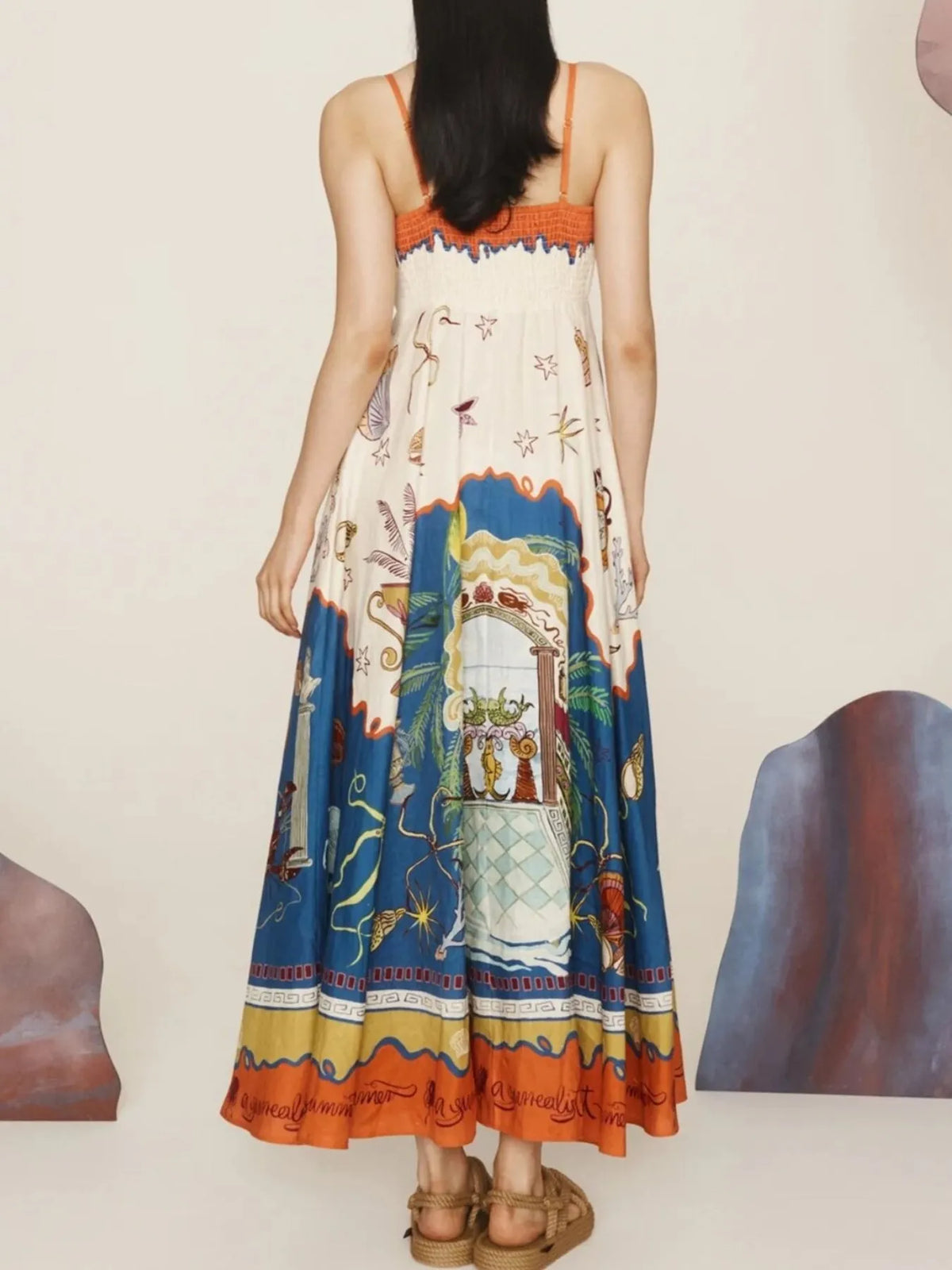 Smocked Square Neck Maxi Cami Dress in Multicolor