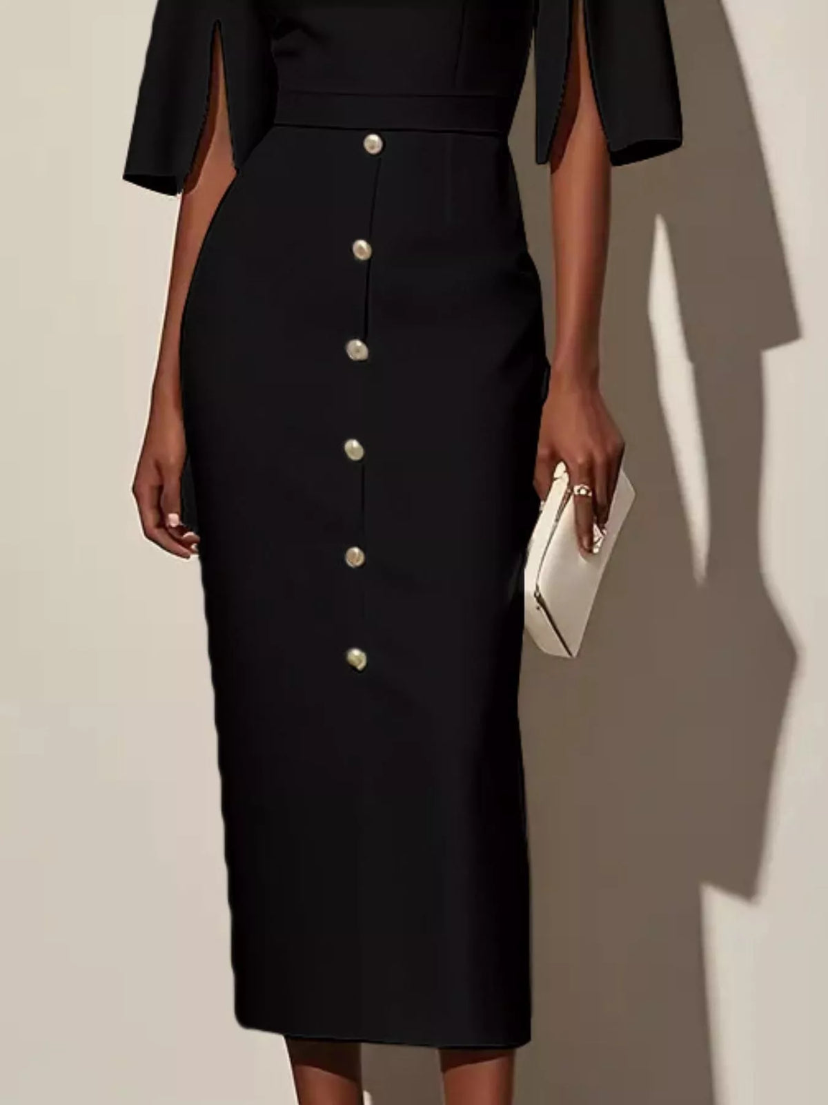 Decorative Button Slit-Sleeve Midi Dress