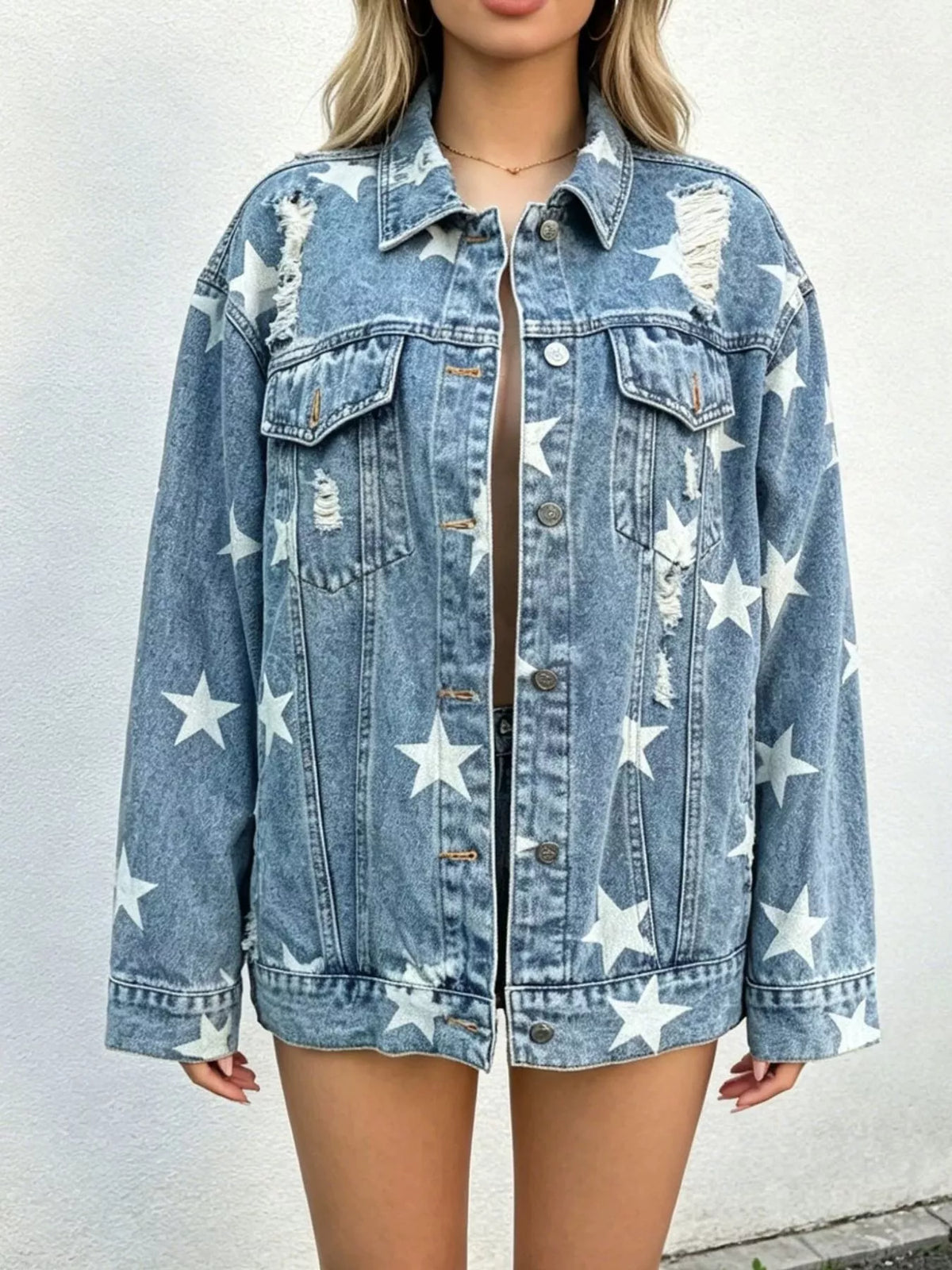 Star Print Distressed Denim Jacket in Light Blue
